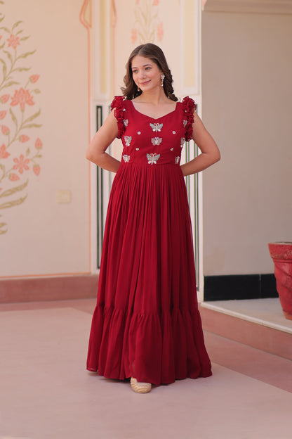 Royal Maroon Faux Blooming Embroidered Gown
