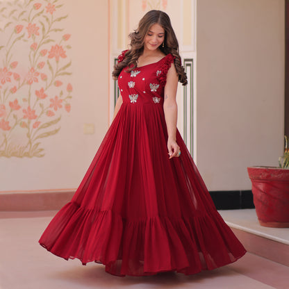 Royal Maroon Faux Blooming Embroidered Gown