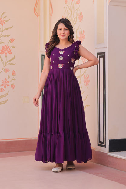 Deep Purple Faux Blooming Embroidered Gown