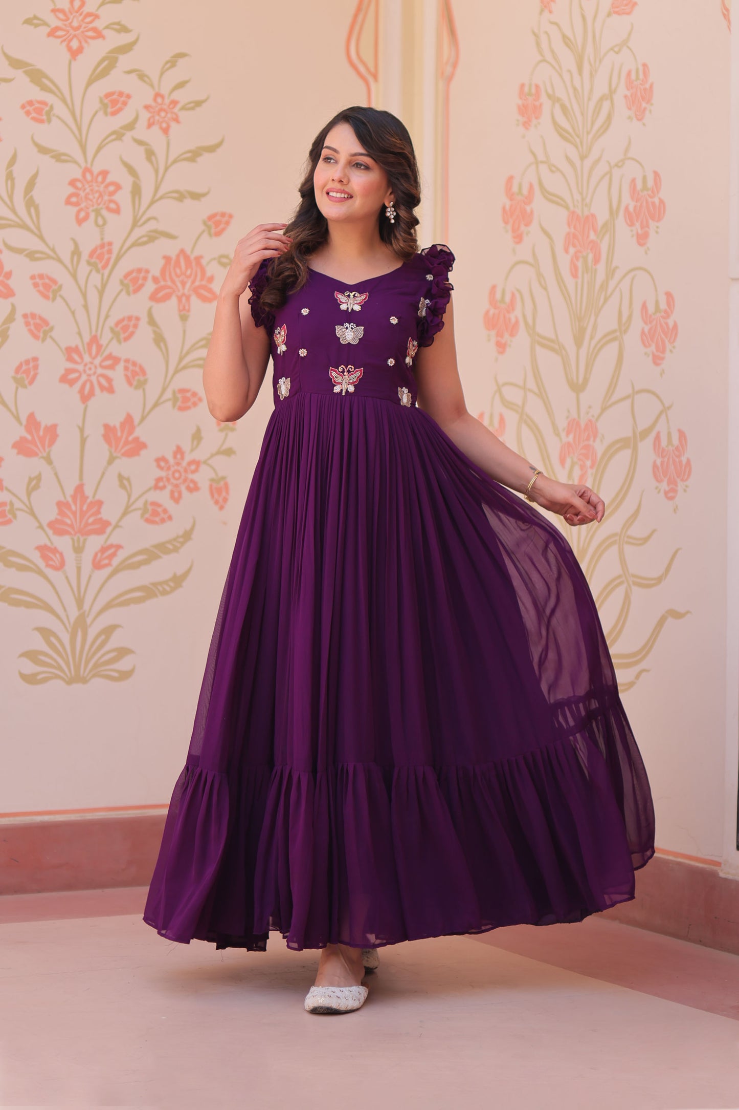 Deep Purple Faux Blooming Embroidered Gown