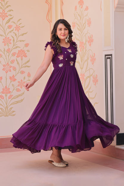 Deep Purple Faux Blooming Embroidered Gown