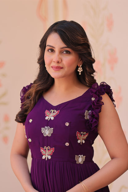 Deep Purple Faux Blooming Embroidered Gown
