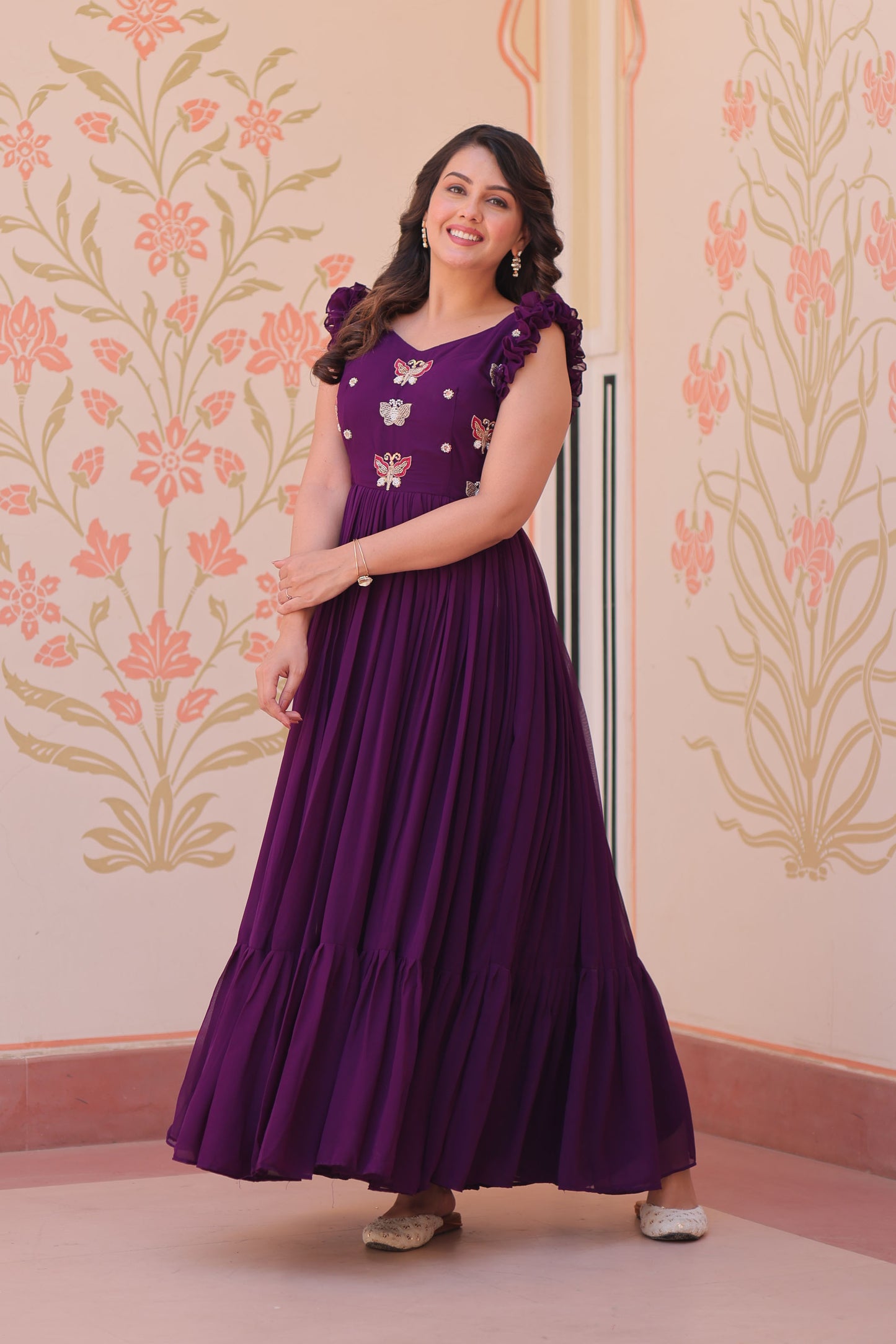 Deep Purple Faux Blooming Embroidered Gown