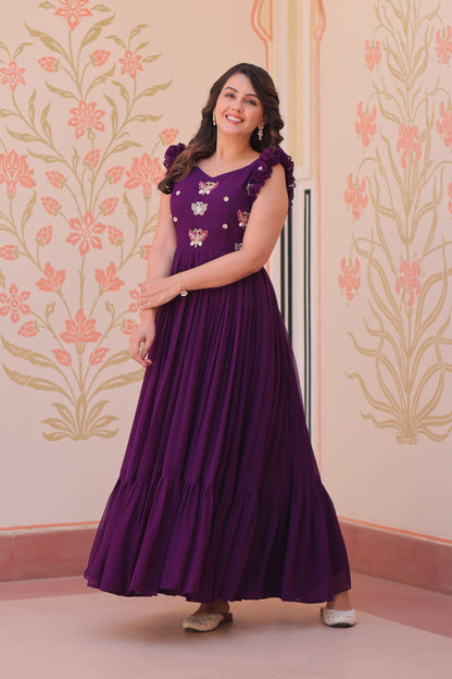 Deep Purple Faux Blooming Embroidered Gown