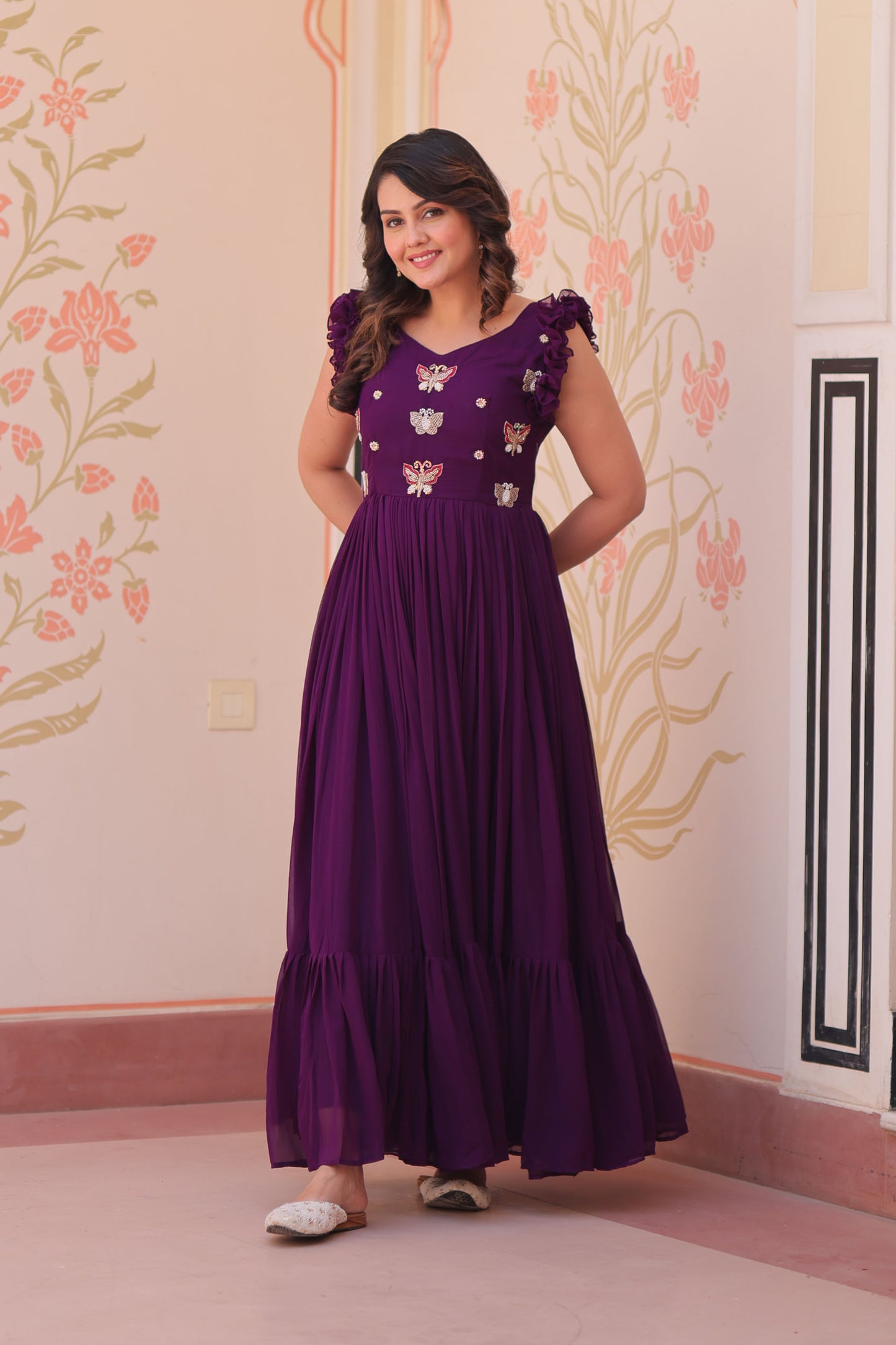 Deep Purple Faux Blooming Embroidered Gown