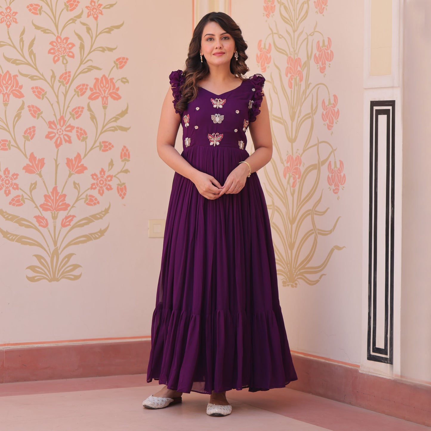 Deep Purple Faux Blooming Embroidered Gown