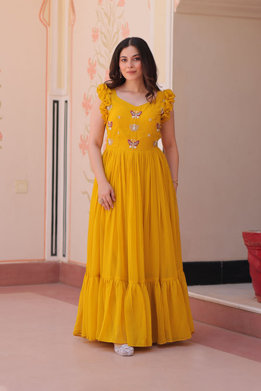 Sunlit Bloom Yellow Embroidered Faux Blooming Gown