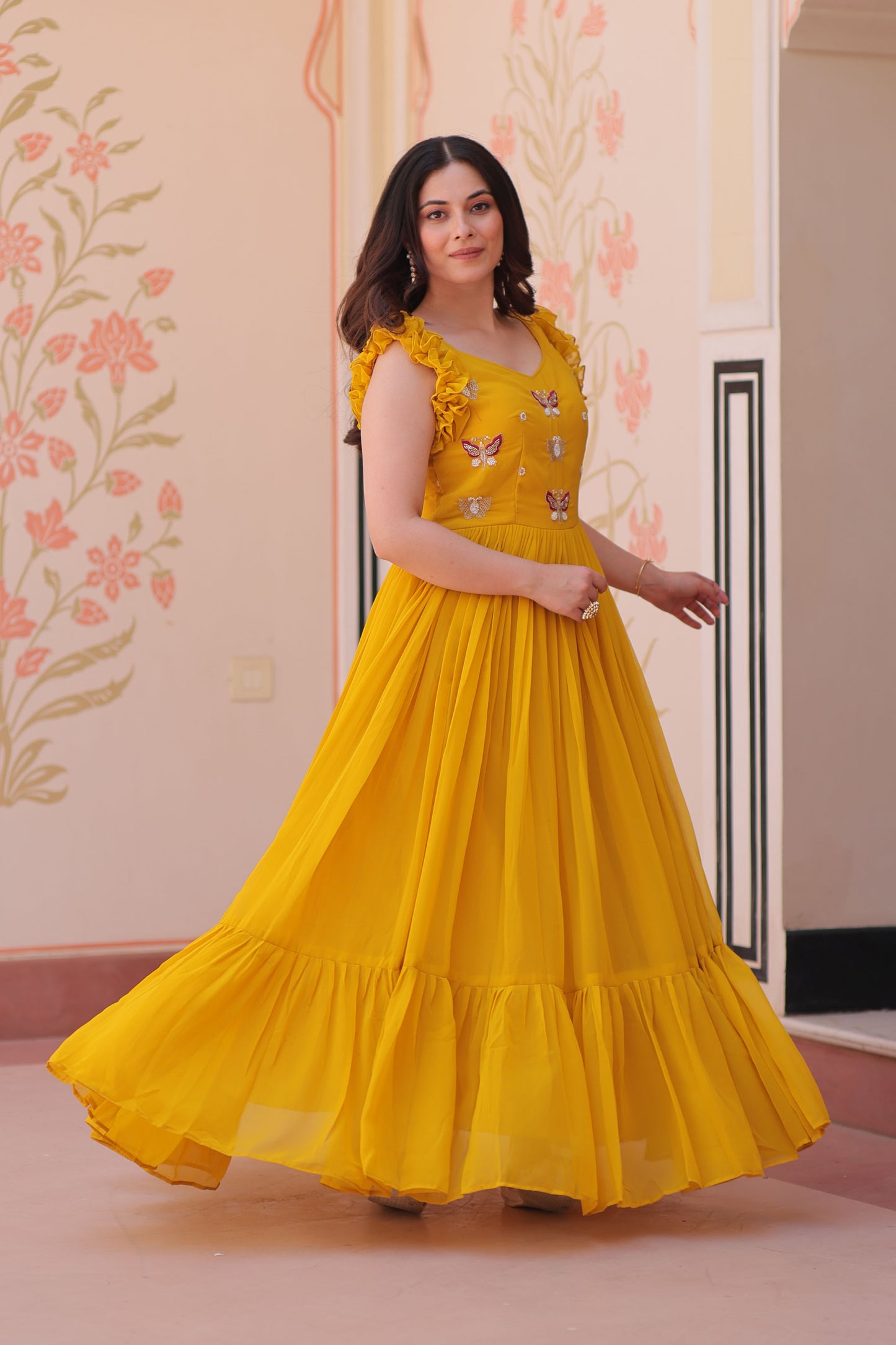 Sunlit Bloom Yellow Embroidered Faux Blooming Gown