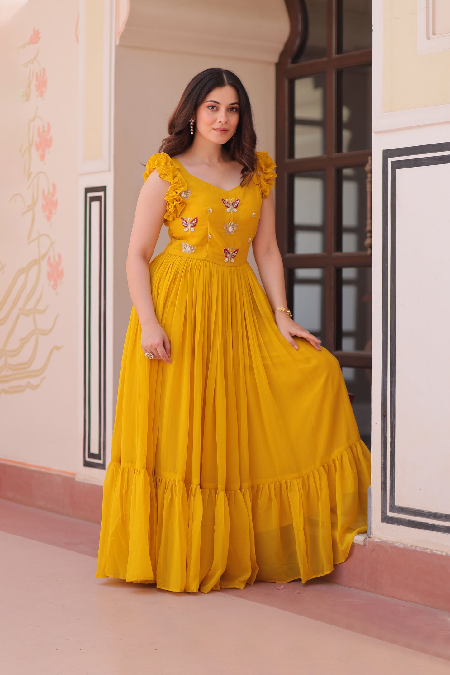 Sunlit Bloom Yellow Embroidered Faux Blooming Gown