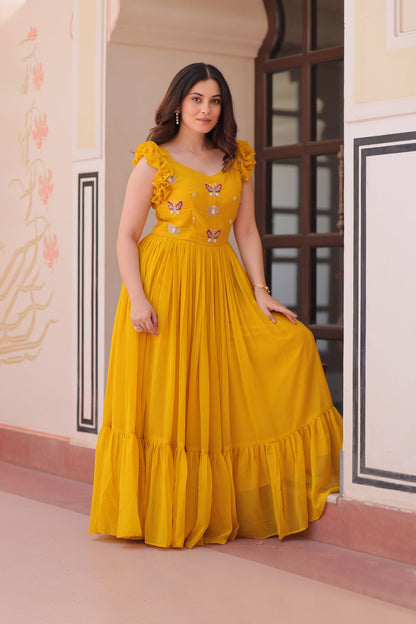 Sunlit Bloom Yellow Embroidered Faux Blooming Gown