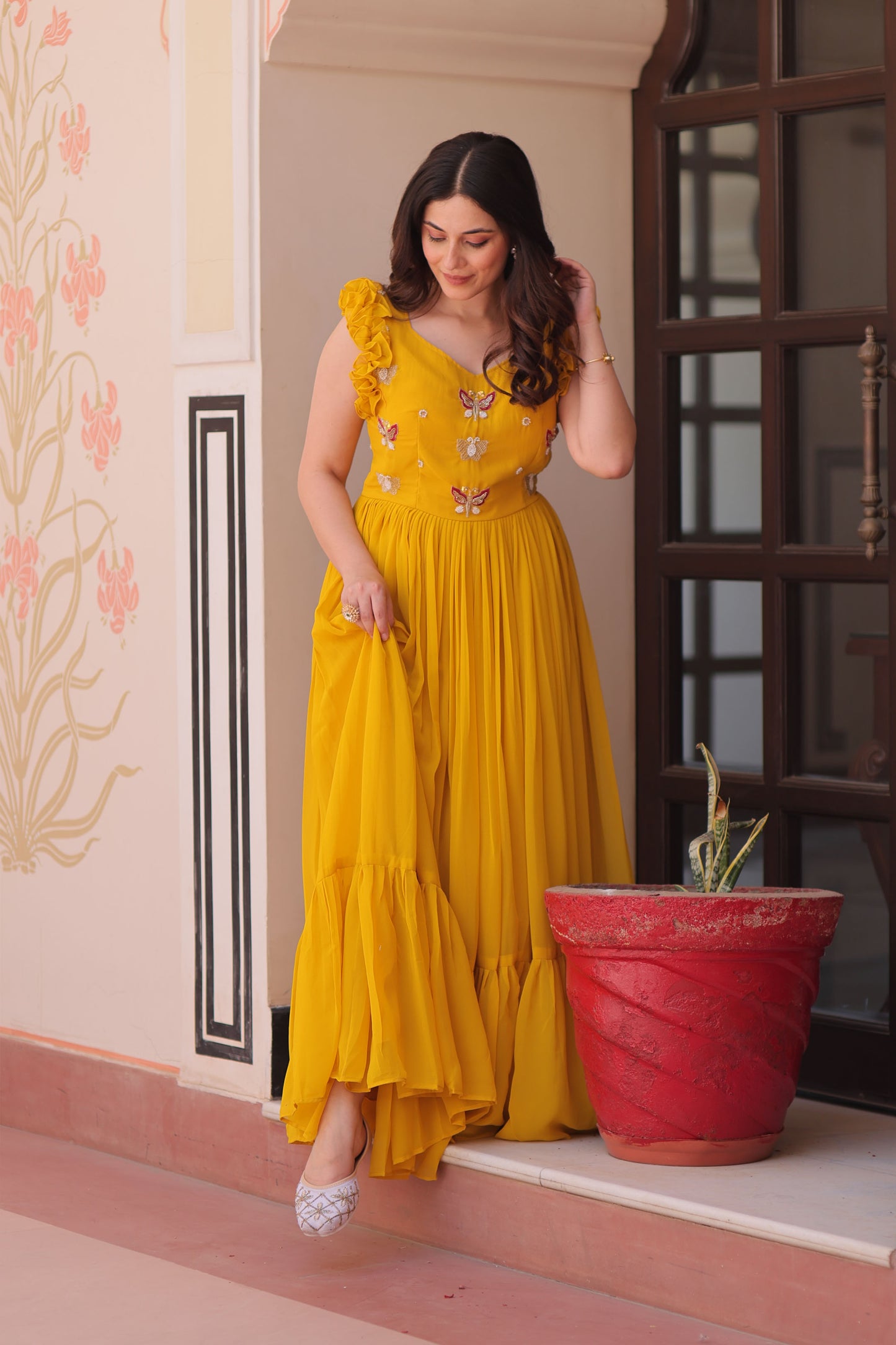Sunlit Bloom Yellow Embroidered Faux Blooming Gown