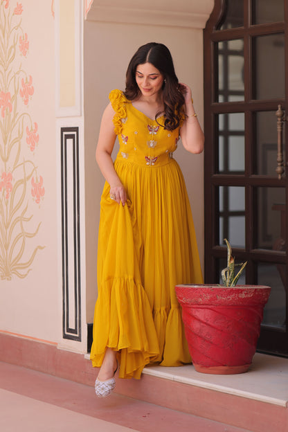 Sunlit Bloom Yellow Embroidered Faux Blooming Gown