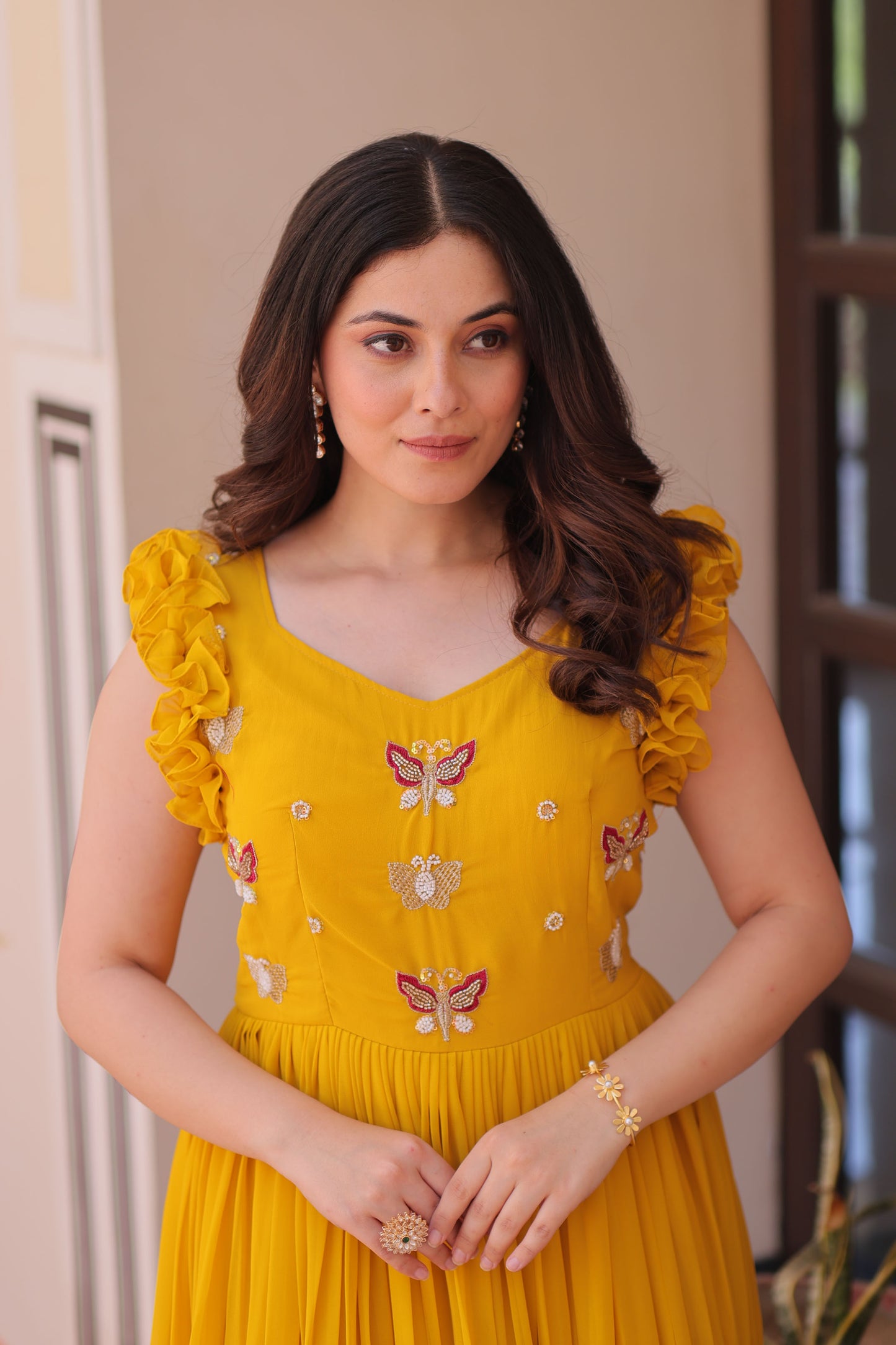 Sunlit Bloom Yellow Embroidered Faux Blooming Gown