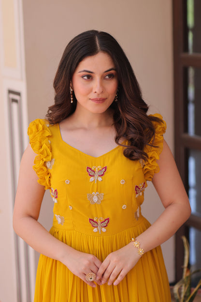 Sunlit Bloom Yellow Embroidered Faux Blooming Gown