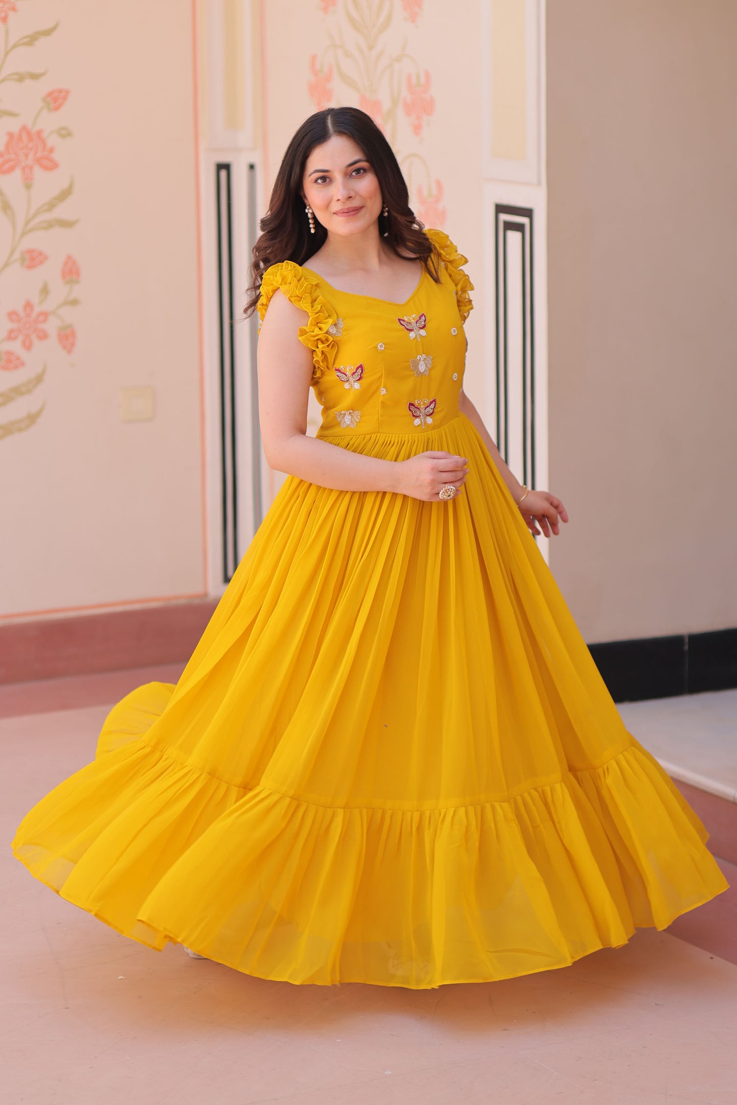 Sunlit Bloom Yellow Embroidered Faux Blooming Gown