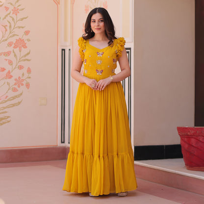 Sunlit Bloom Yellow Embroidered Faux Blooming Gown