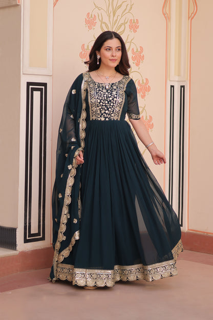 Classic Teal Embroidered Party Wear Gown