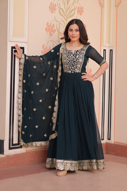 Classic Teal Embroidered Party Wear Gown