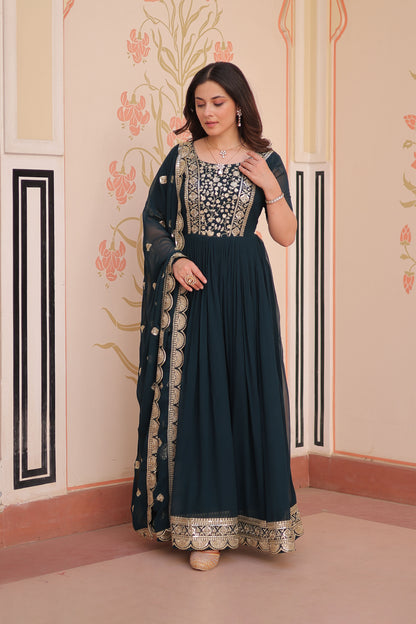 Classic Teal Embroidered Party Wear Gown