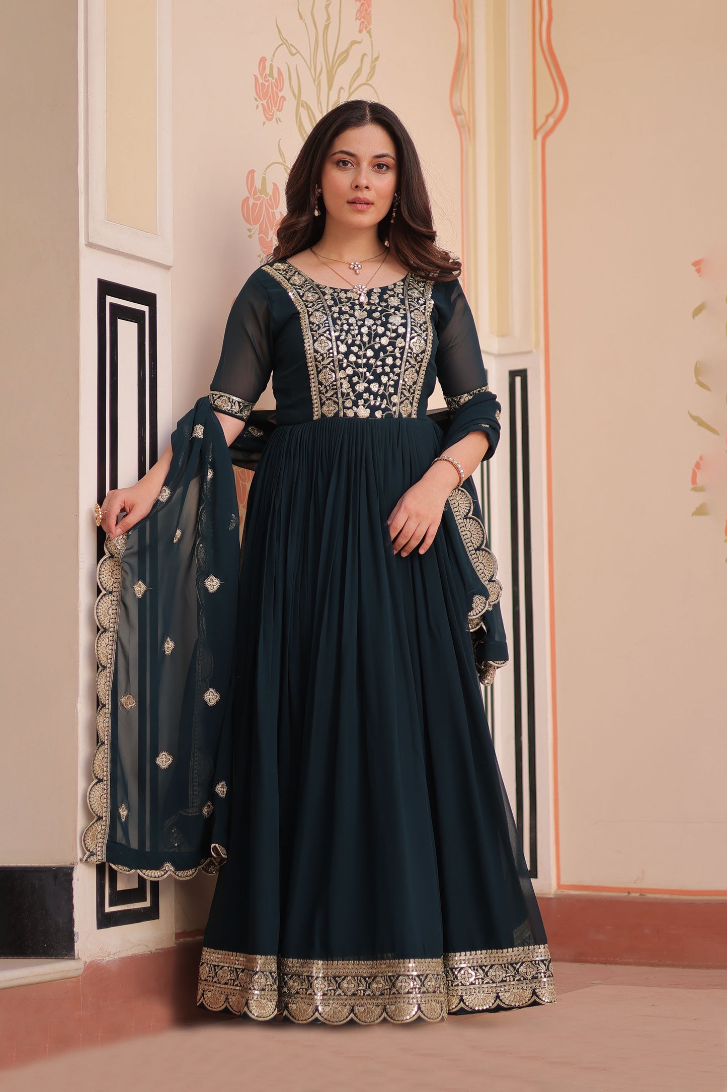 Classic Teal Embroidered Party Wear Gown