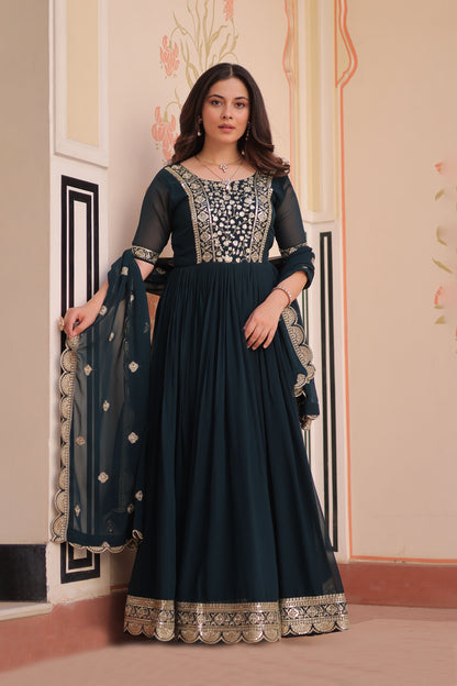 Classic Teal Embroidered Party Wear Gown