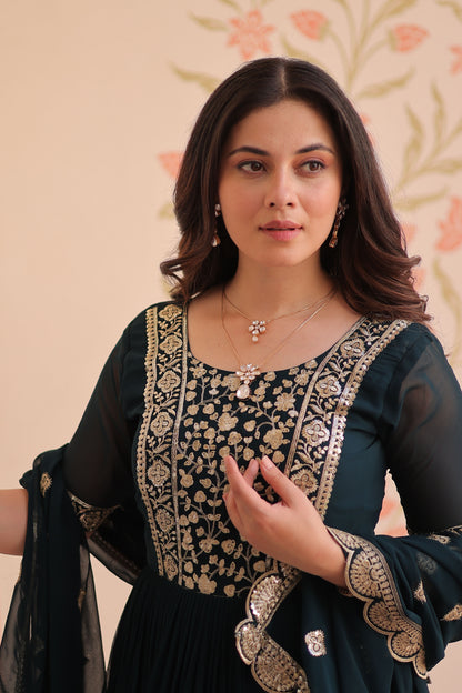 Classic Teal Embroidered Party Wear Gown