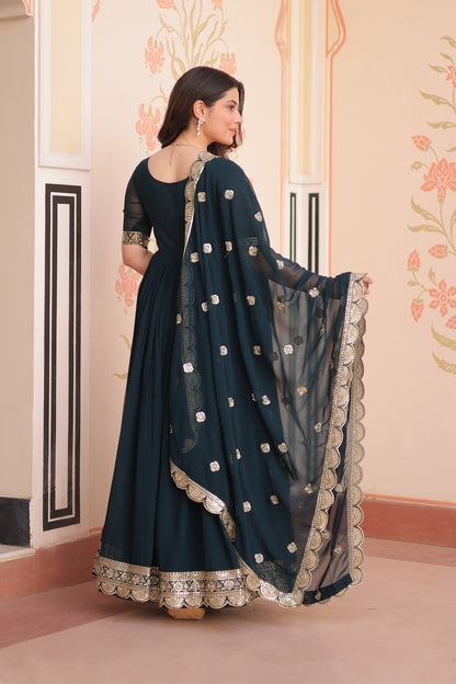 Classic Teal Embroidered Party Wear Gown