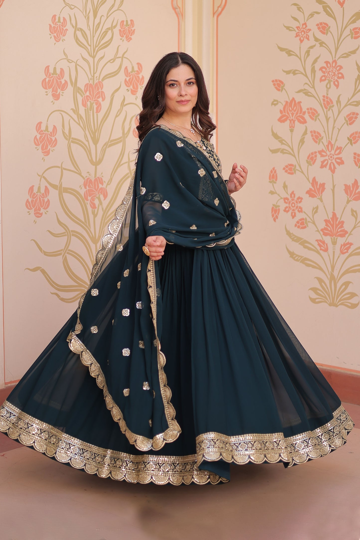 Classic Teal Embroidered Party Wear Gown