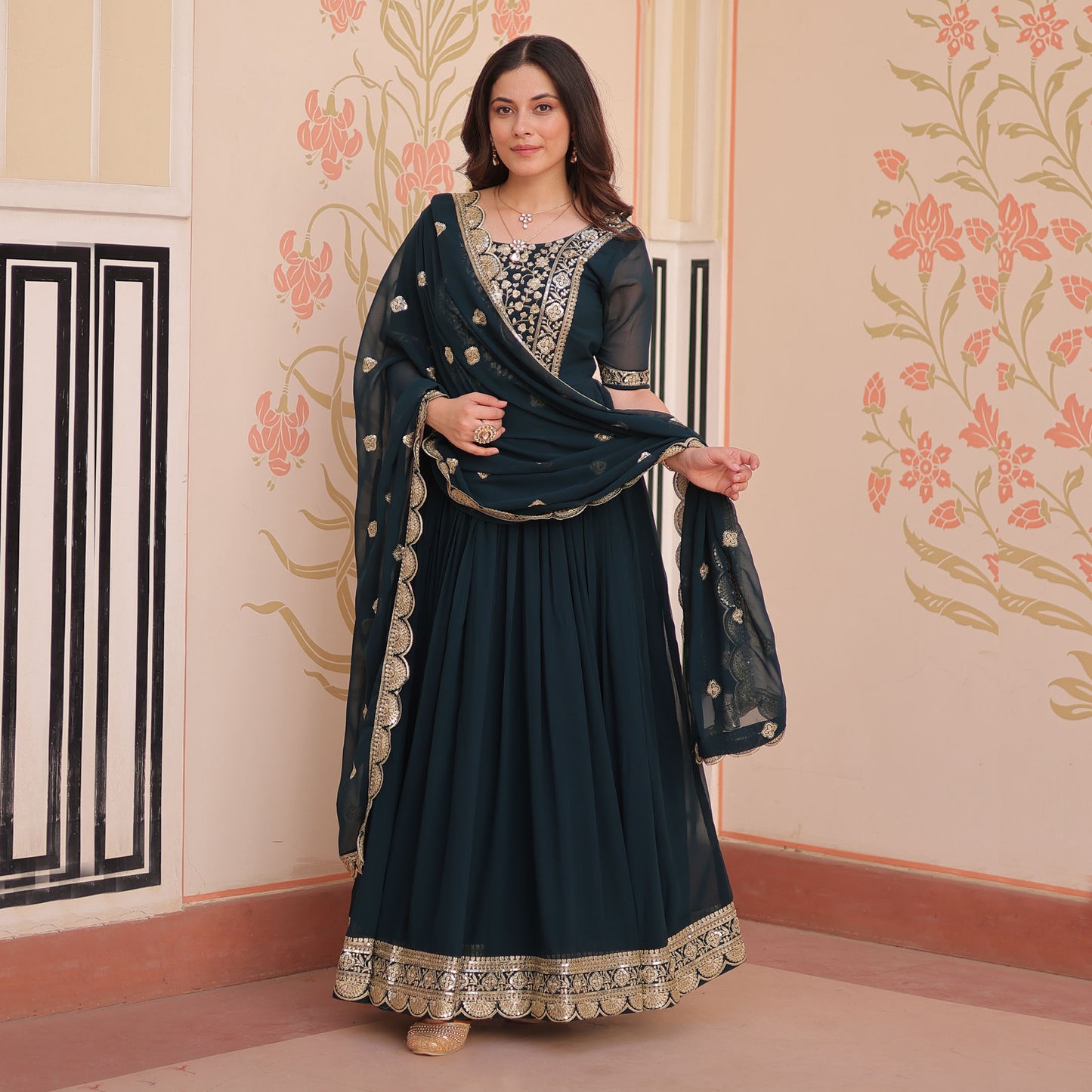 Classic Teal Embroidered Party Wear Gown