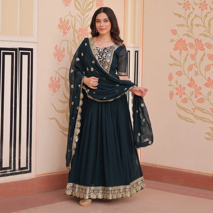 Classic Teal Embroidered Party Wear Gown