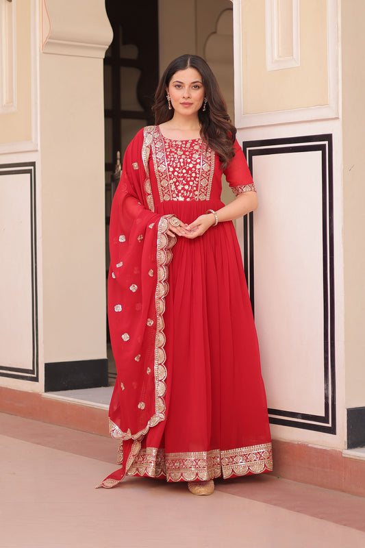 Royal Red Embroidered Party Wear Gown