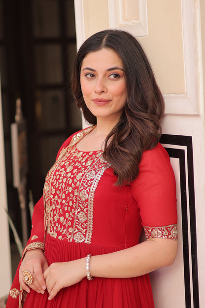 Royal Red Embroidered Party Wear Gown