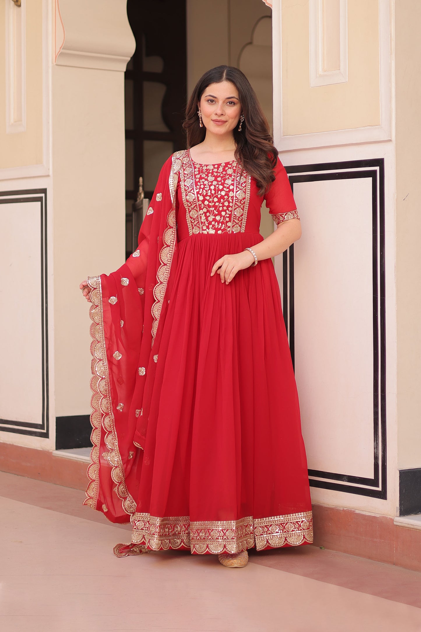 Royal Red Embroidered Party Wear Gown