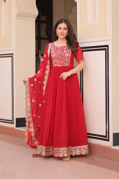 Royal Red Embroidered Party Wear Gown