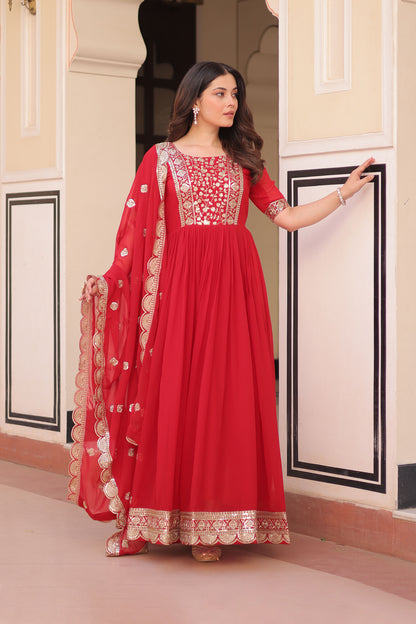 Royal Red Embroidered Party Wear Gown