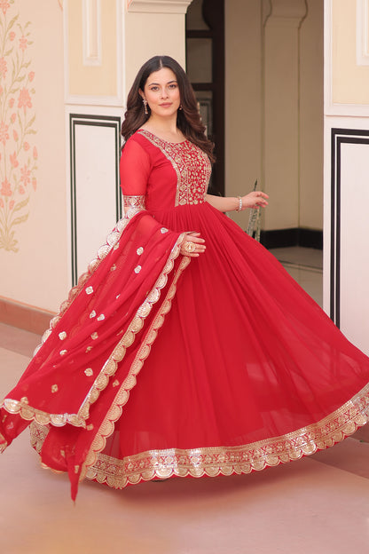 Royal Red Embroidered Party Wear Gown