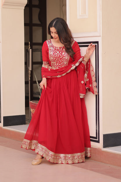 Royal Red Embroidered Party Wear Gown