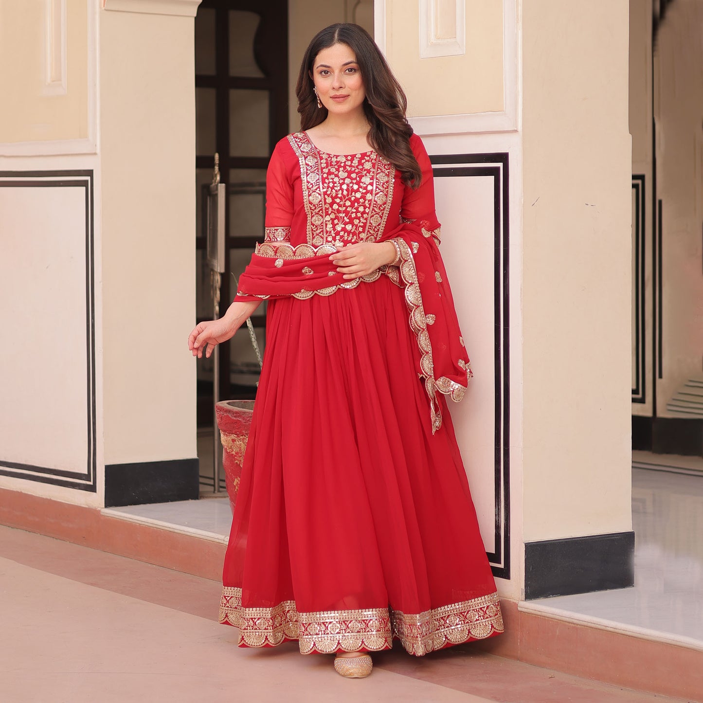 Royal Red Embroidered Party Wear Gown