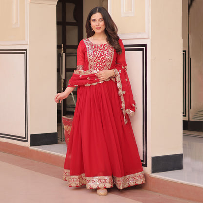 Royal Red Embroidered Party Wear Gown