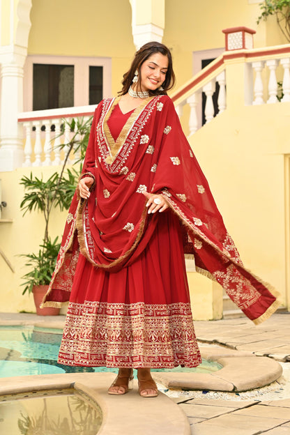 Royal Crimson Traditional Embroidered Gown