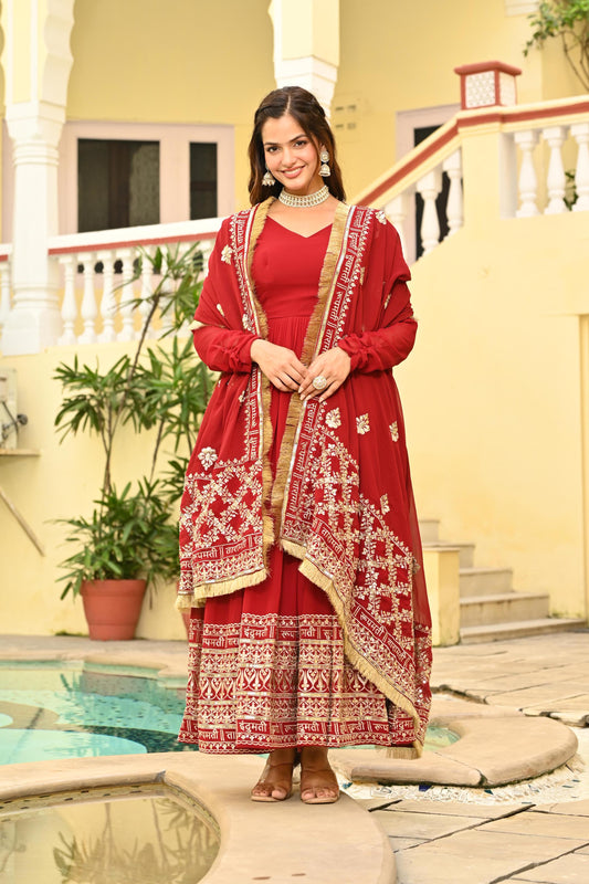 Royal Crimson Traditional Embroidered Gown