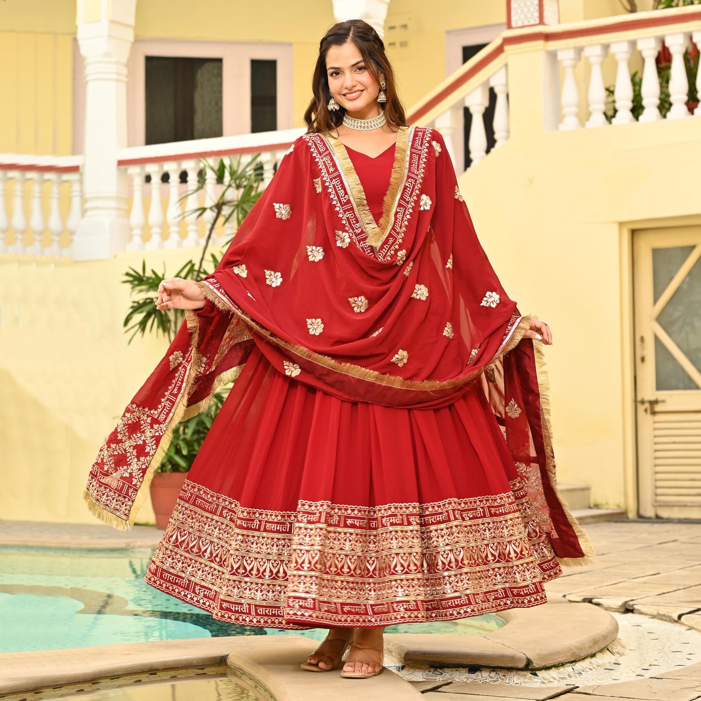 Royal Crimson Traditional Embroidered Gown