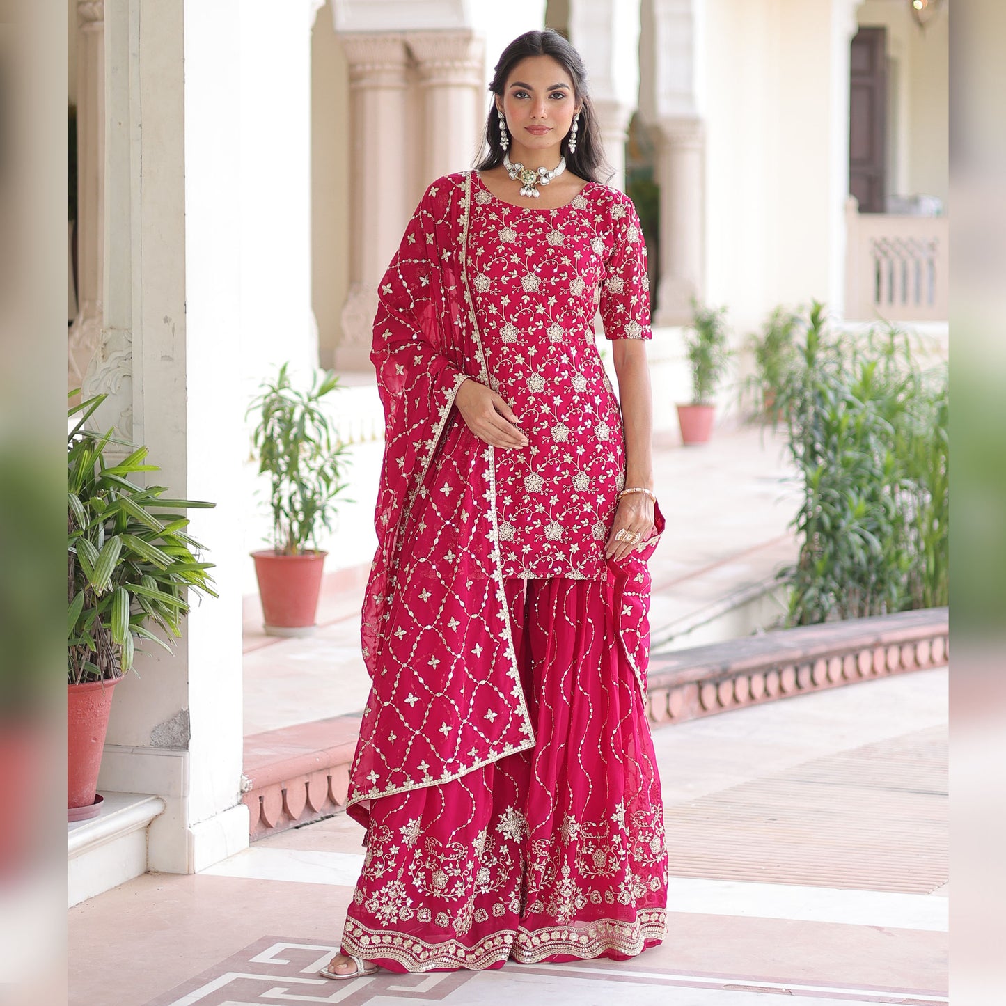 Royal Pink Faux Georgette Sharara Set