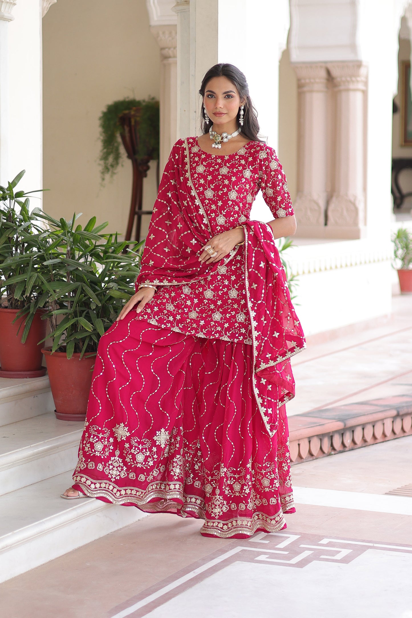 Royal Pink Faux Georgette Sharara Set