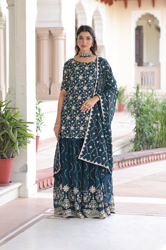 Regal Teal Faux Georgette Sharara Set