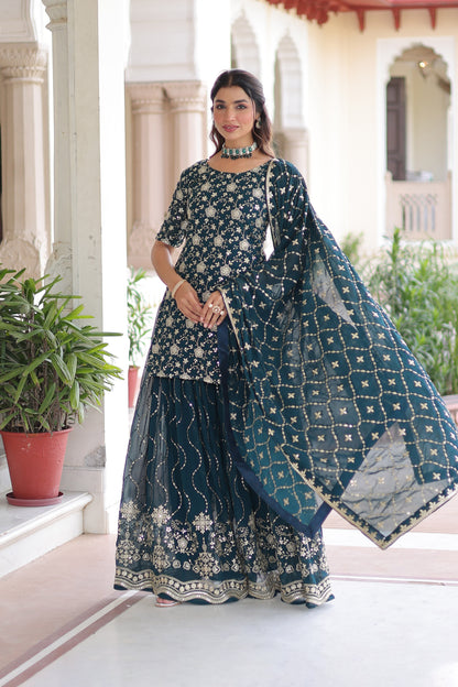 Regal Teal Faux Georgette Sharara Set