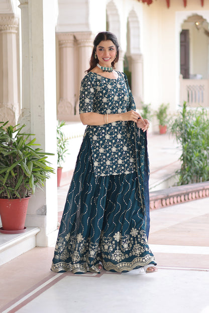 Regal Teal Faux Georgette Sharara Set