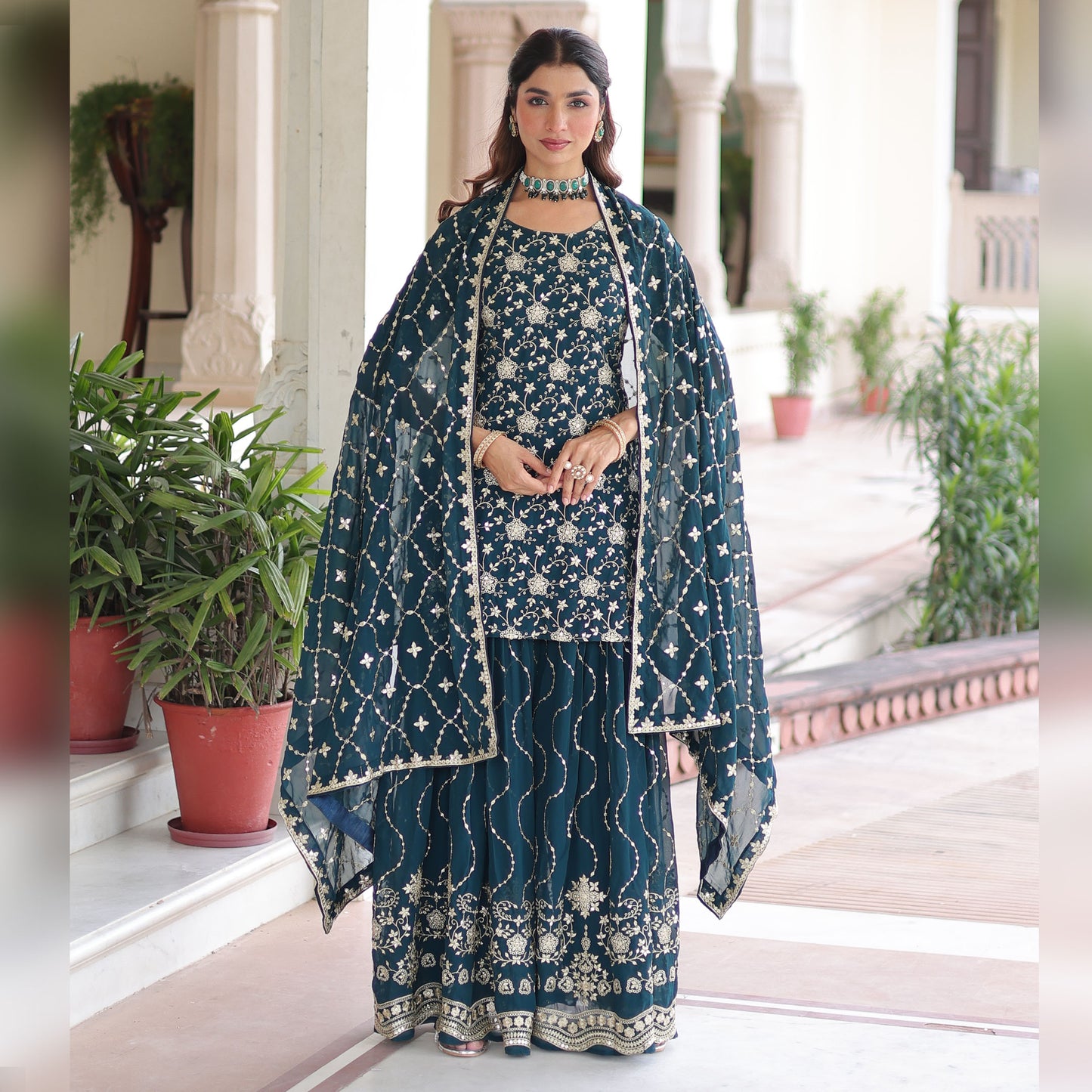 Regal Teal Faux Georgette Sharara Set
