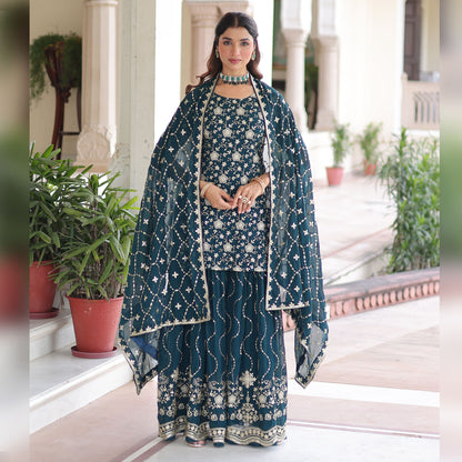 Regal Teal Faux Georgette Sharara Set