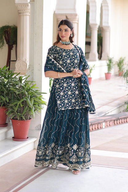 Regal Teal Faux Georgette Sharara Set